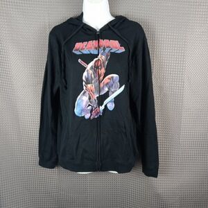 Marvel Deadpool Full Zip Hoodie Black Graphic Sweatshirt Size L